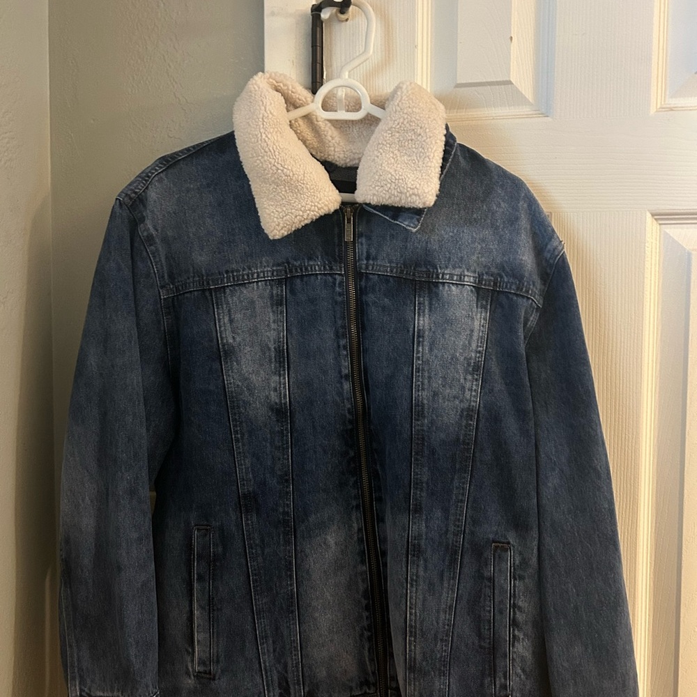 Men's Blue Denim Jacket with Cream Sherpa Collar